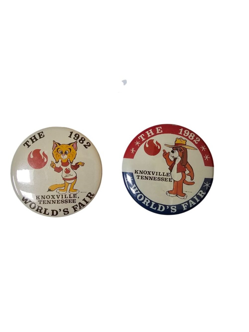 1982 Knoxville Tennessee Worlds Fair Collector Buttons Set Of 2 Featuring Cat